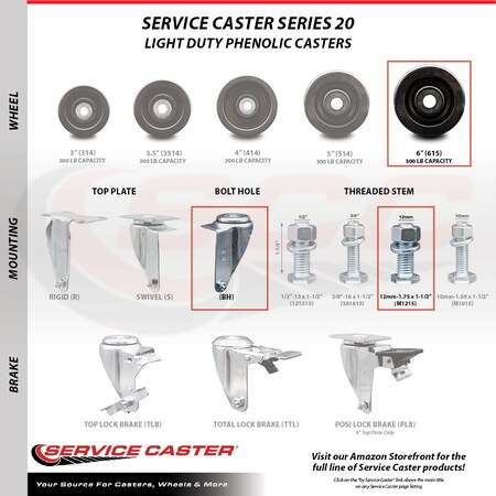 Service Caster 6 Inch Phenolic Wheel Swivel 12mm Threaded Stem Caster SCC-TS20S615-PHS-M1215